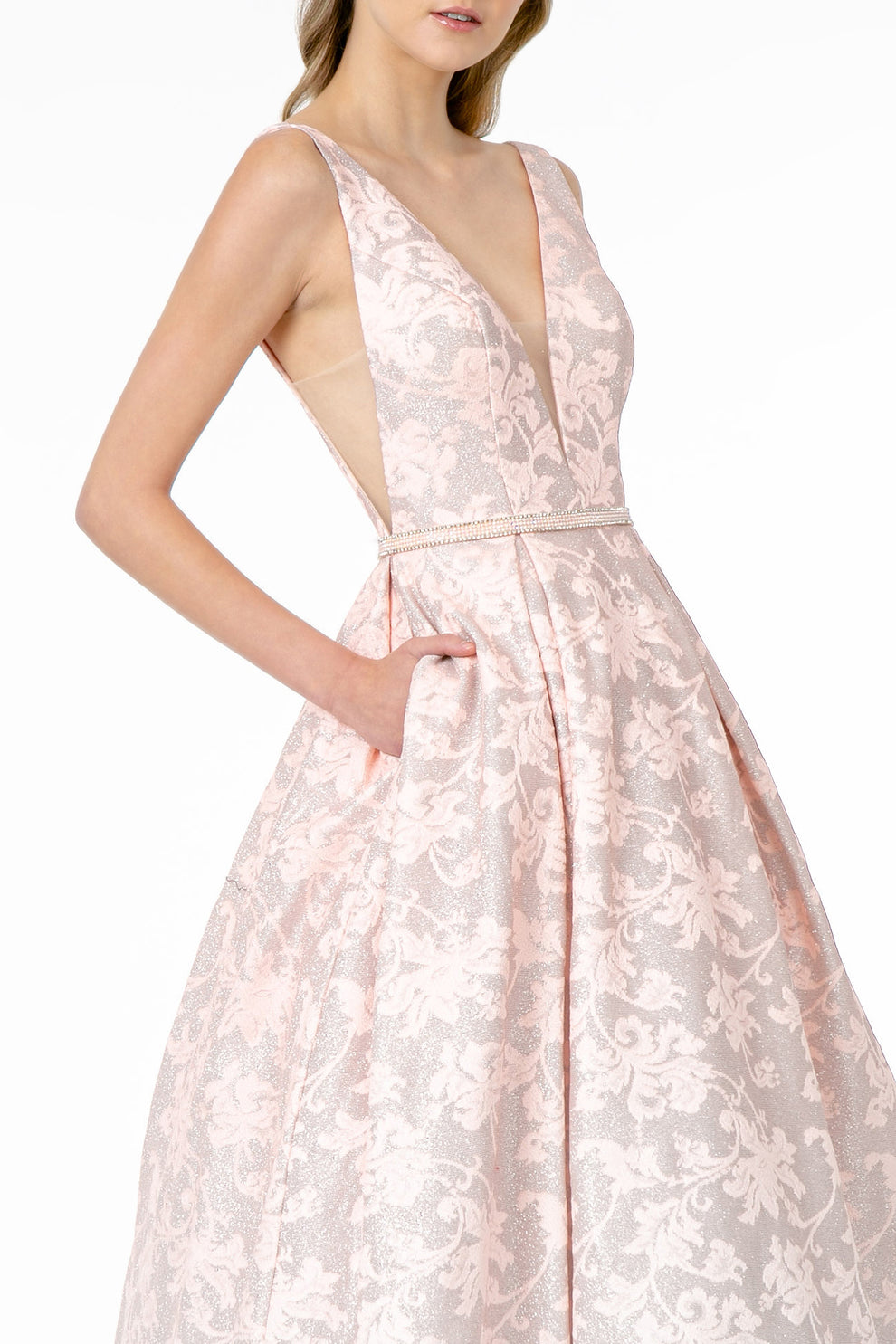 Luxury Turquoise Ombre Jacquard A-Line Gown Plunging V-Neck Beaded Waist Belt Pockets Formal Evening & Wedding Reception Dress