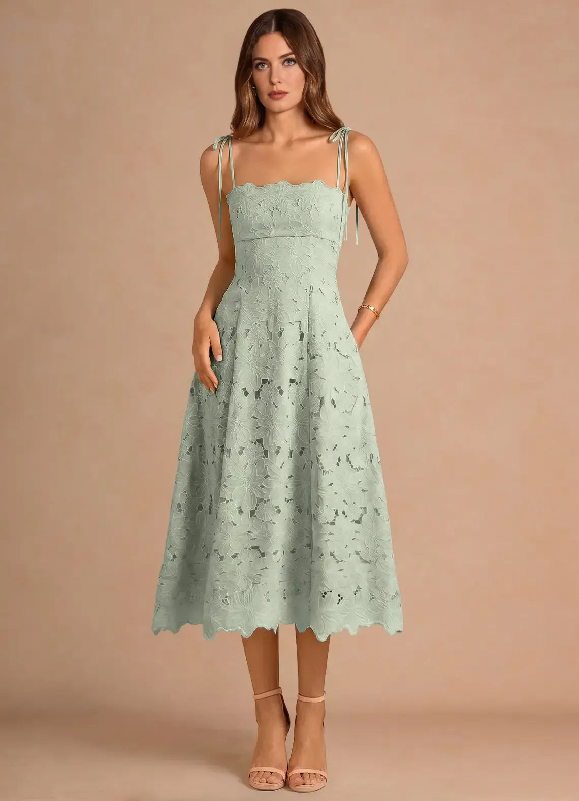 Romantic Aline Straight Sleeveless Lace Midi Cocktail Dress TieStrap Laceup Bridesmaid Dress
