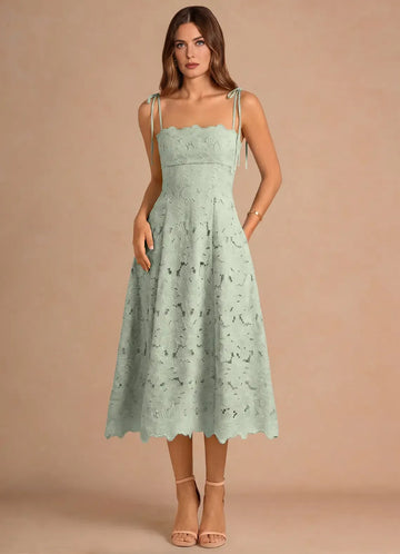 Romantic Aline Straight Sleeveless Lace Midi Cocktail Dress TieStrap Laceup Bridesmaid Dress