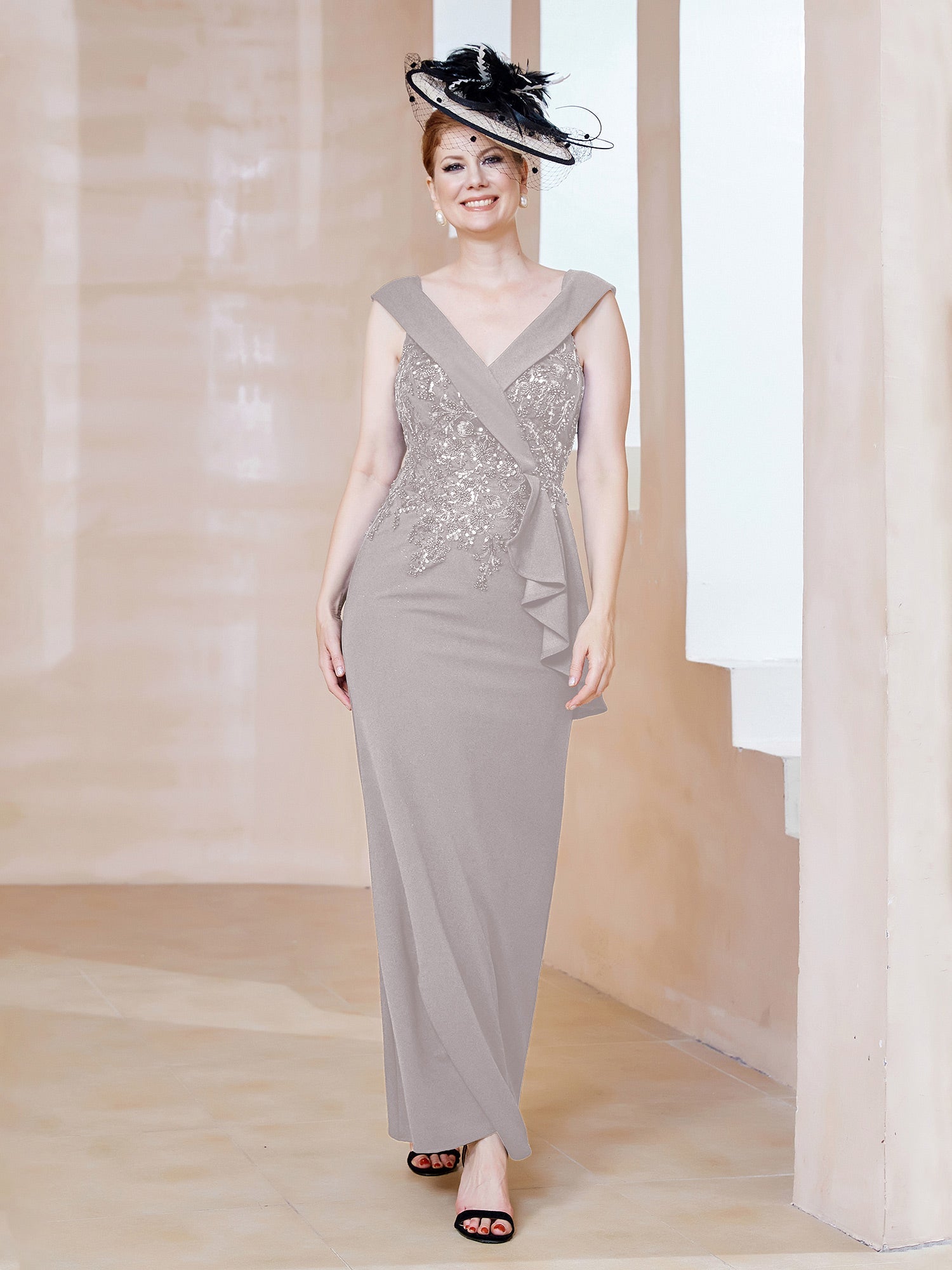Elegant Black Lace Appliqué Mermaid Formal Gown - V-Neck Ruffle Detailing Mother of the Bride Dress