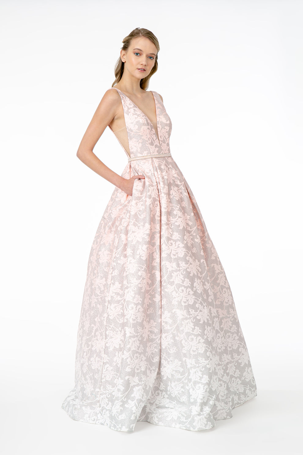Luxury Turquoise Ombre Jacquard A-Line Gown Plunging V-Neck Beaded Waist Belt Pockets Formal Evening & Wedding Reception Dress