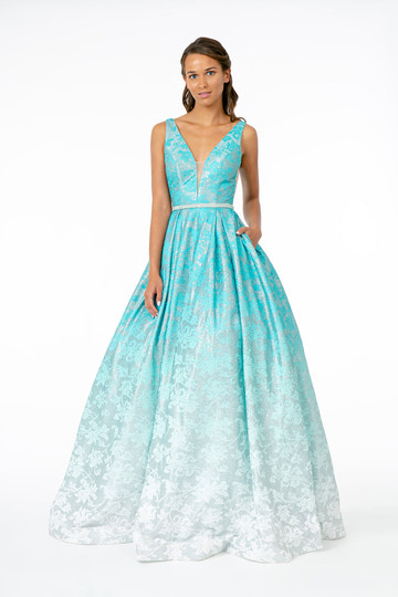 Luxury Turquoise Ombre Jacquard A-Line Gown Plunging V-Neck Beaded Waist Belt Pockets Formal Evening & Wedding Reception Dress