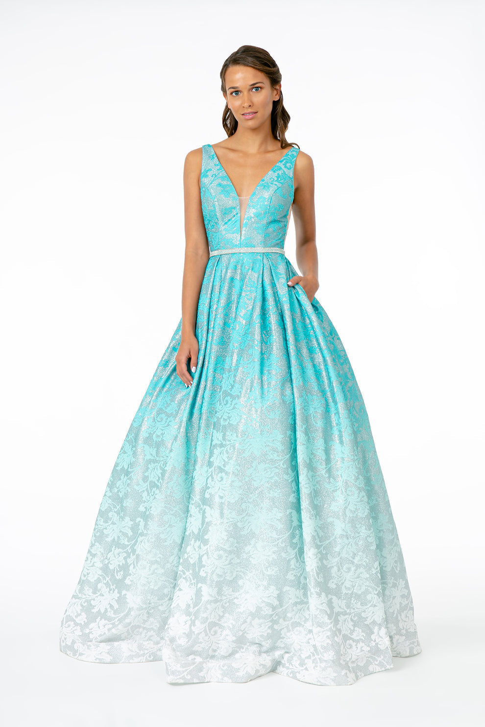 Luxury Turquoise Ombre Jacquard A-Line Gown Plunging V-Neck Beaded Waist Belt Pockets Formal Evening & Wedding Reception Dress
