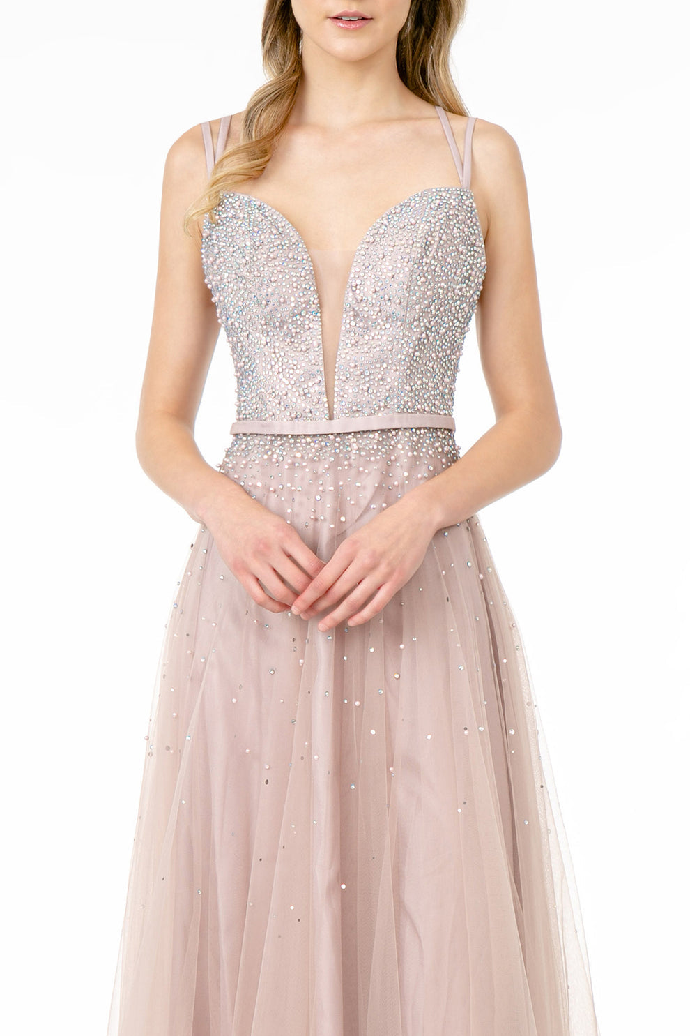 Blush Pink Beaded Tulle A-Line Gown Spaghetti Strap Plunging V-Neck Beaded Waist Belt Formal Prom & Wedding Guest Dress