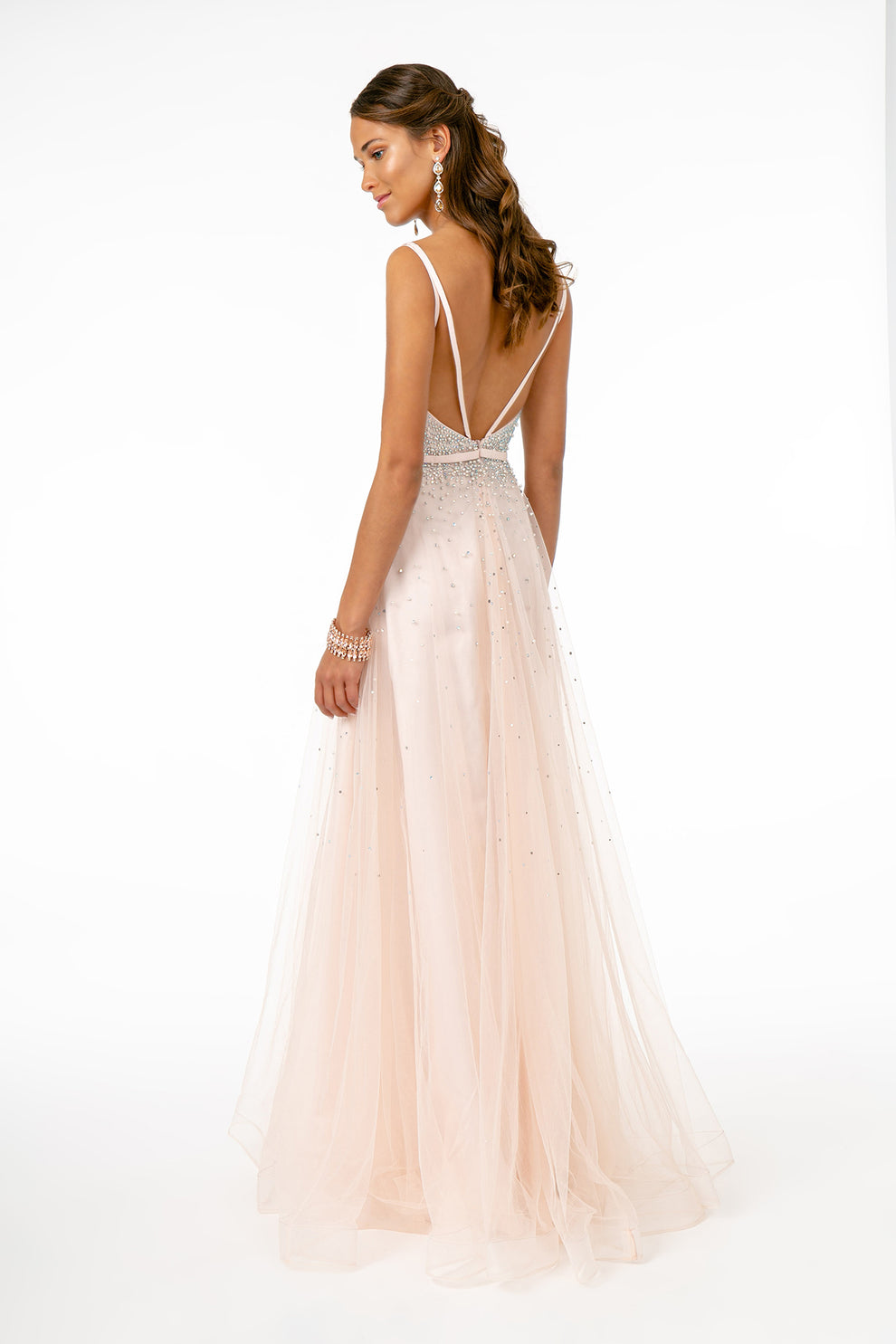 Blush Pink Beaded Tulle A-Line Gown Spaghetti Strap Plunging V-Neck Beaded Waist Belt Formal Prom & Wedding Guest Dress