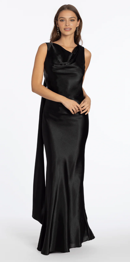 Satin Cowl Neck Halter Column Evening Dress with Side Ruching Open Back Formal Dress