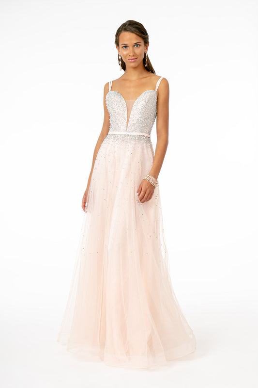 Blush Pink Beaded Tulle A-Line Gown Spaghetti Strap Plunging V-Neck Beaded Waist Belt Formal Prom & Wedding Guest Dress