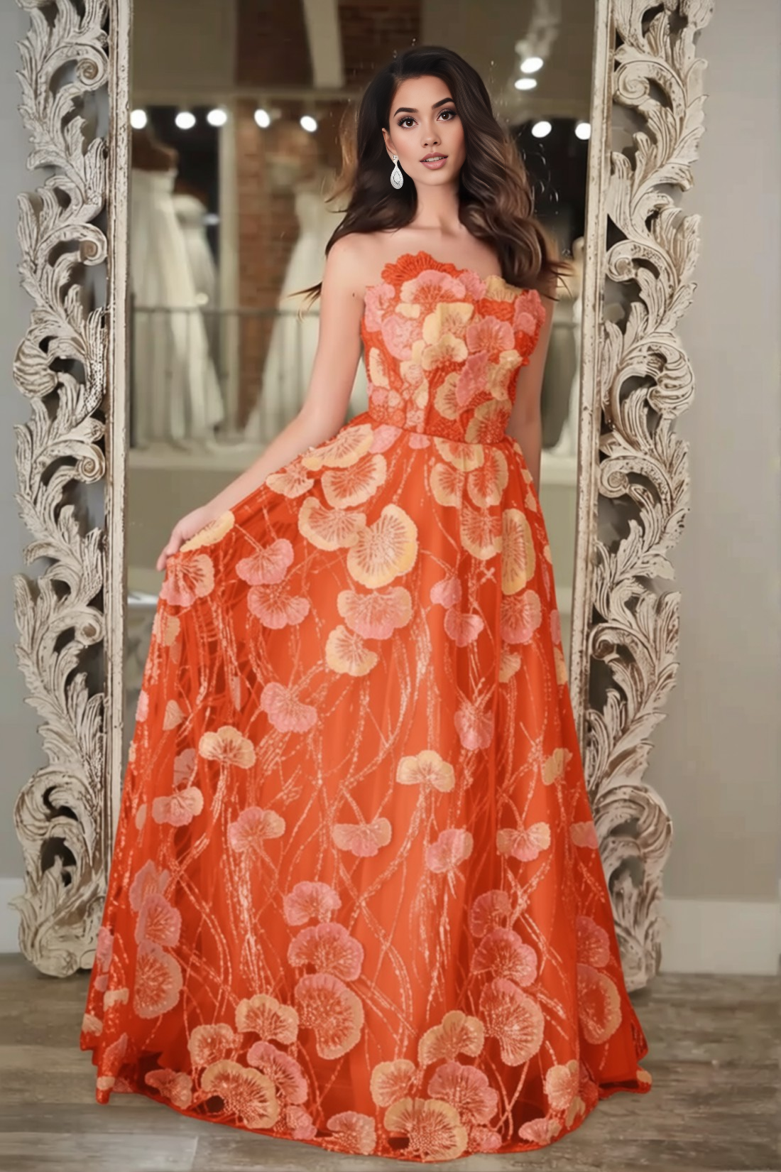 Vestido de fiesta de corte A, tipo princesa, sin tirantes, con aplicaciones florales y bordados, vestido largo elegante de noche