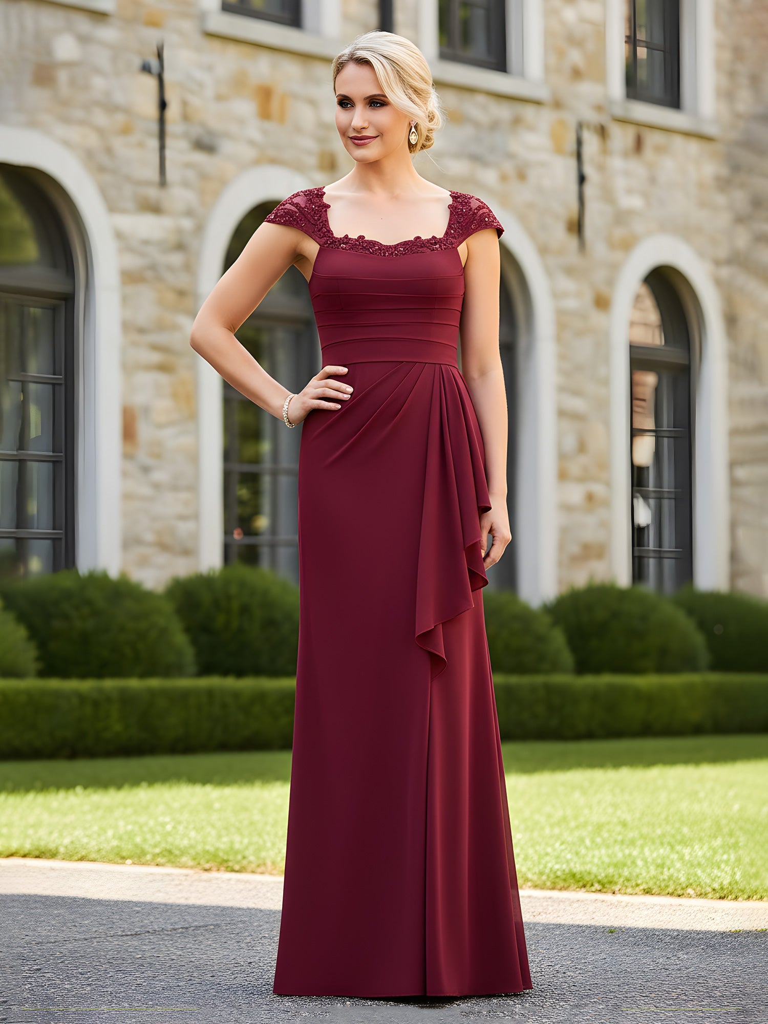 Elegant Burgundy Lace Applique Mother of the Bride Dress - Square Neck Sheath Formal Gown with Ruffle Side