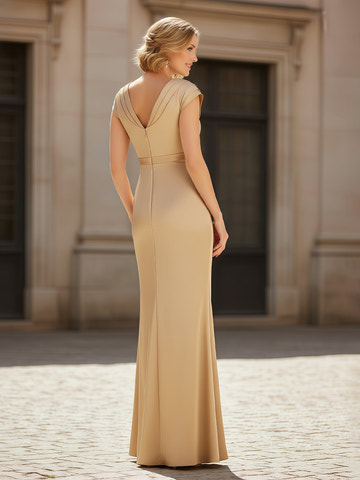 Elegant Champagne Satin Mermaid Formal Gown - V-Neck Ruched & Ruffle Side Mother of the Bride Dress