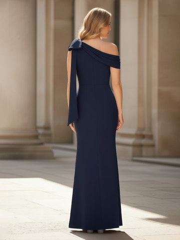 Elegant Navy Blue Mermaid Formal Gown - One-Shoulder Bow Detail & Ruched Waist Mother of the Bride Dress
