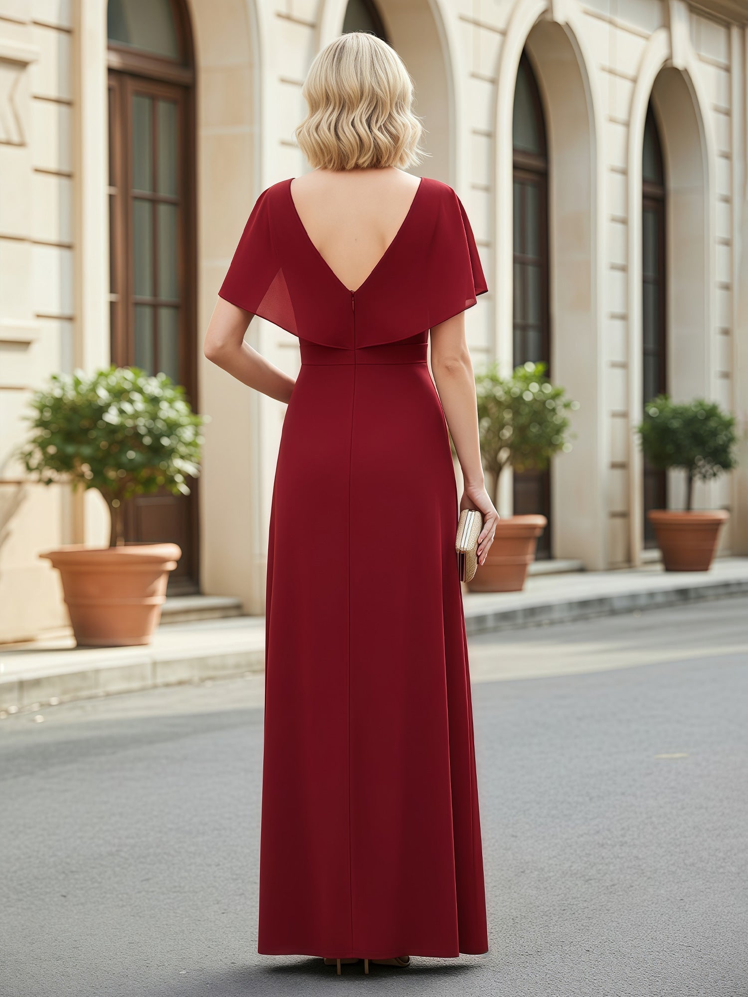 Elegant Burgundy Chiffon Mother of the Bride Dress - Flutter Sleeve V-Neck Split Formal Gown with Ruched Waist