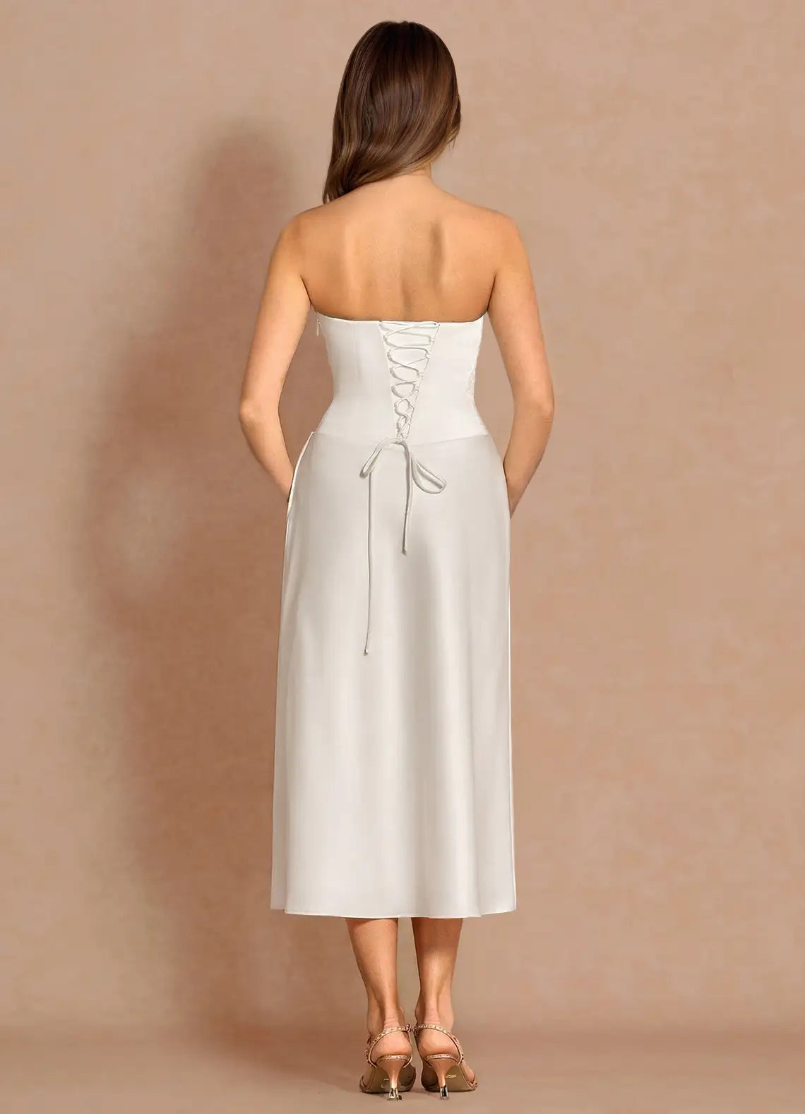 Luxury Sheath Strapless Sleeveless Satin Midi Cocktail Dress Lace-up Back Wedding Dress