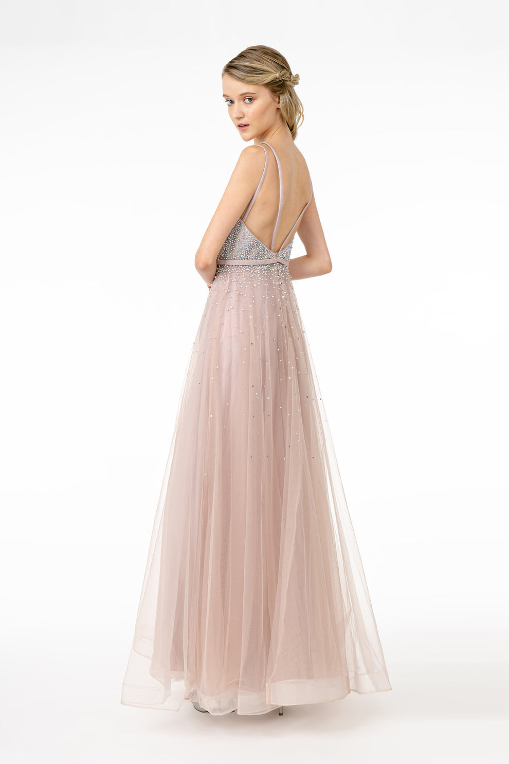 Vestido de noche de tul en línea A rosa ruborizado con pedrería, tirantes finos, escote en V pronunciado, cinturón con pedrería, para fiesta de graduación y como invitada de boda