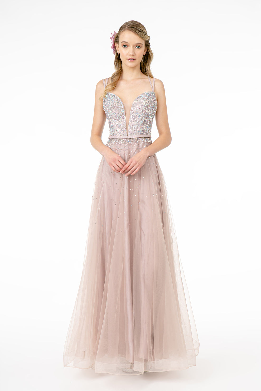 Vestido de noche de tul en línea A rosa ruborizado con pedrería, tirantes finos, escote en V pronunciado, cinturón con pedrería, para fiesta de graduación y como invitada de boda
