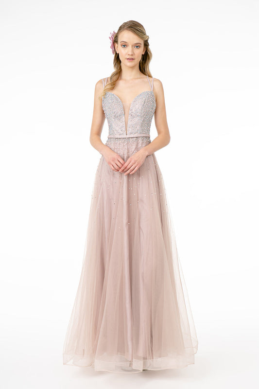 Blush Pink Beaded Tulle A-Line Gown Spaghetti Strap Plunging V-Neck Beaded Waist Belt Formal Prom & Wedding Guest Dress