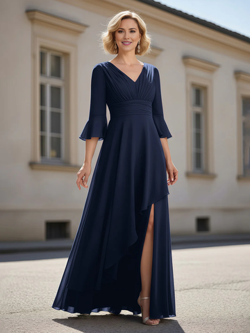 Chiffon Formal Maxi Dress V Neck 3/4 Bell Sleeve Ruched Waist Slit Floor Length Evening Gown
