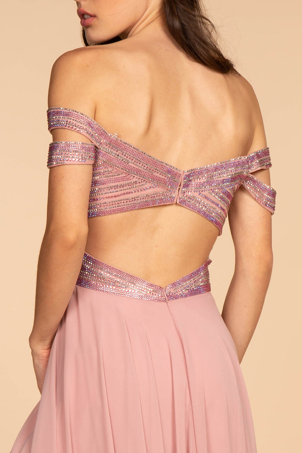 Romantic A-Line Off Shoulder Sleeveless Chiffon Beaded Open Back Prom Gown
