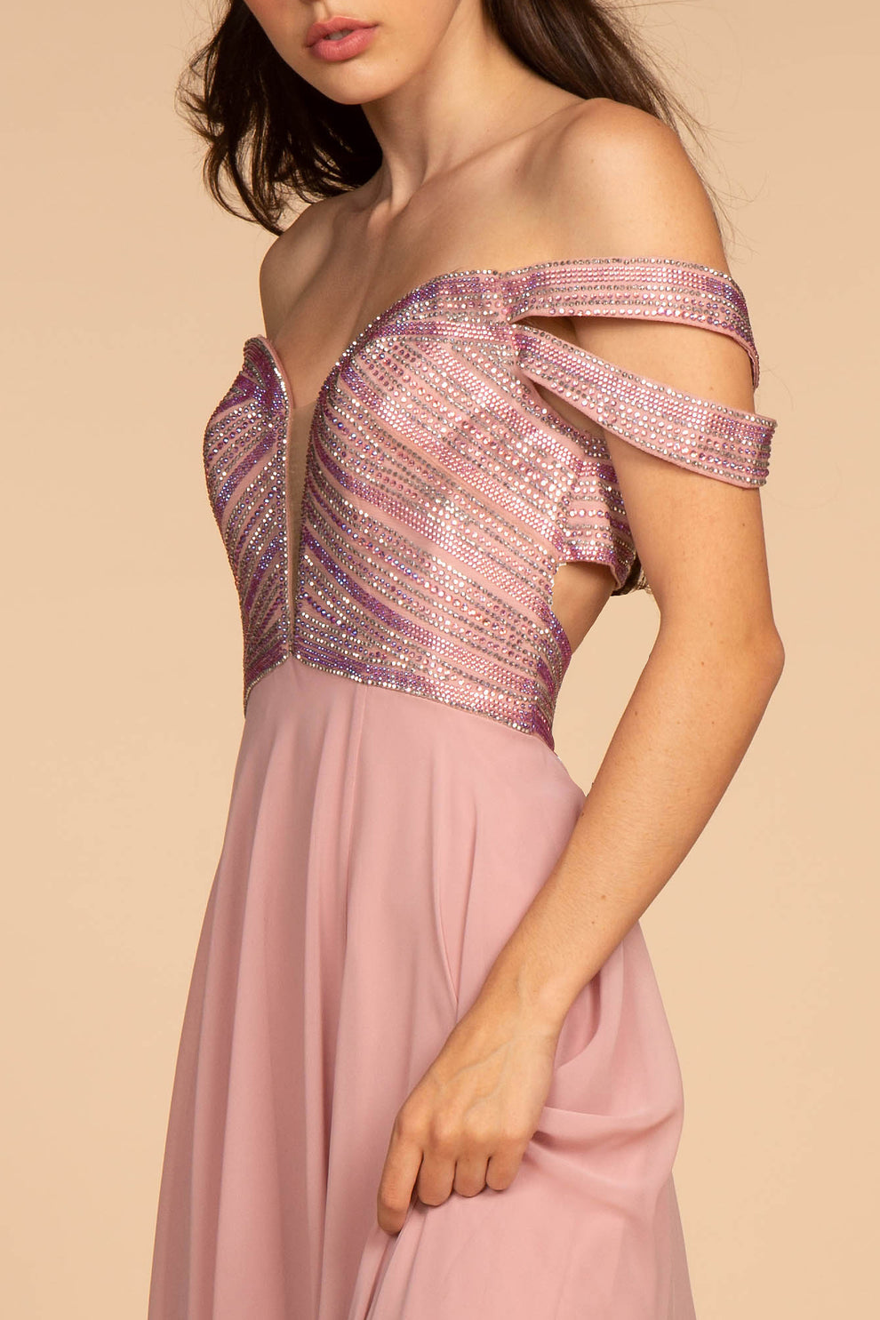 Romantic A-Line Off Shoulder Sleeveless Chiffon Beaded Open Back Prom Gown