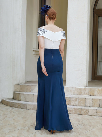 Navy Blue & White Off-the-Shoulder Mermaid Gown with Floral Embroidery – Formal Evening Dress