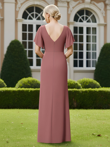 Elegant Dusty Rose Chiffon Mother of the Bride Dress - Flutter Sleeve V-Neck Ruched Waist Formal Gown