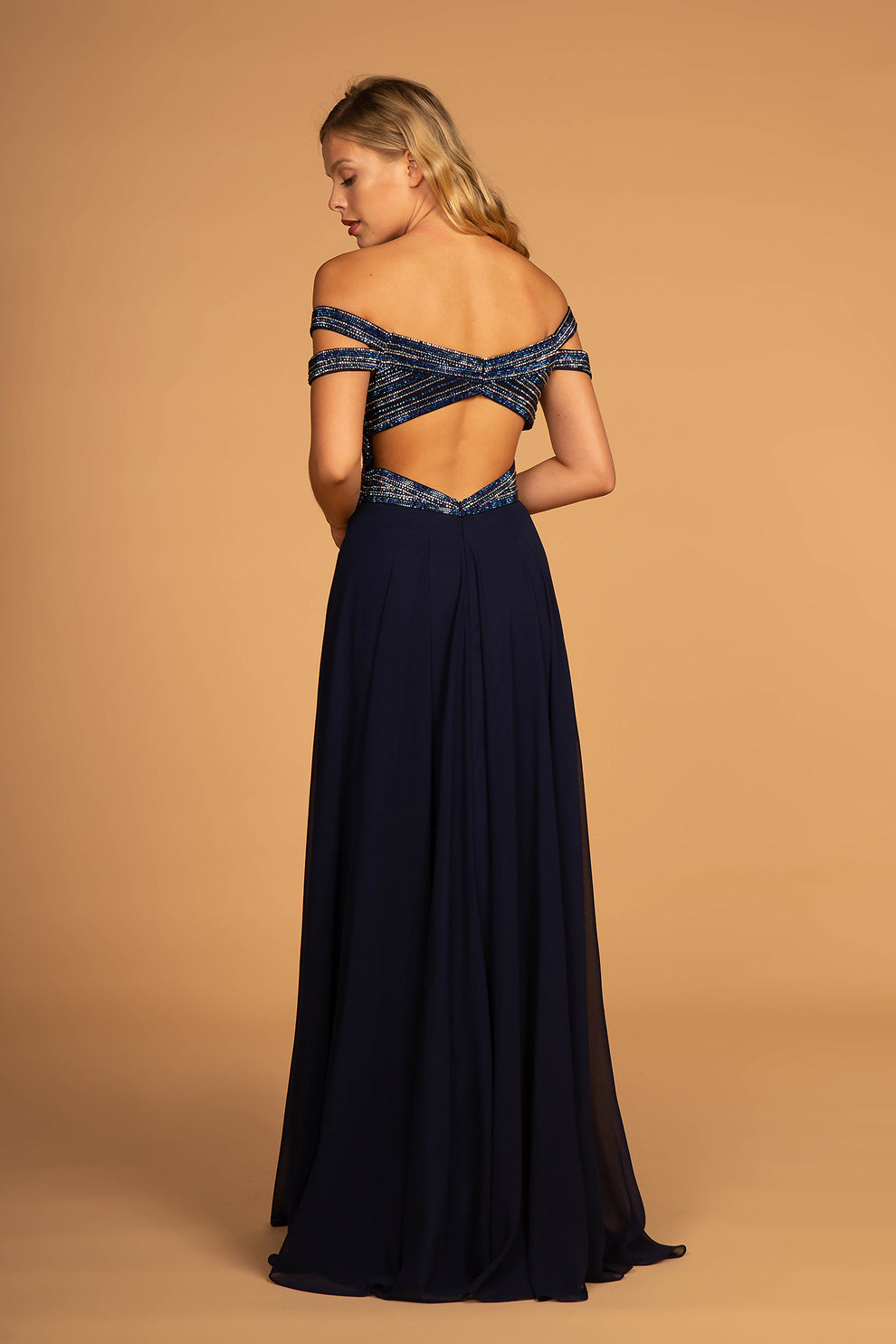 Romantic A-Line Off Shoulder Sleeveless Chiffon Beaded Open Back Prom Gown