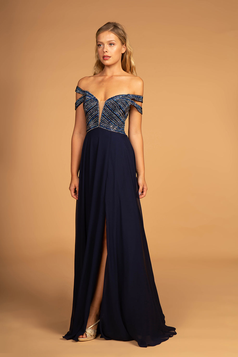 Romantic A-Line Off Shoulder Sleeveless Chiffon Beaded Open Back Prom Gown