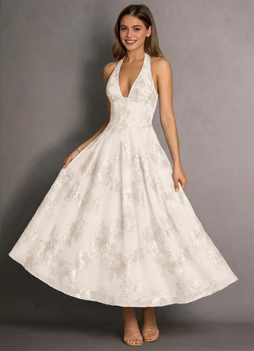 Romantic A-line Halter Sleeveless Lace Midi Lace-up Back Wedding Guest Dress