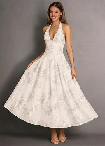 Romantic A-line Halter Sleeveless Lace Midi Lace-up Back Wedding Guest Dress