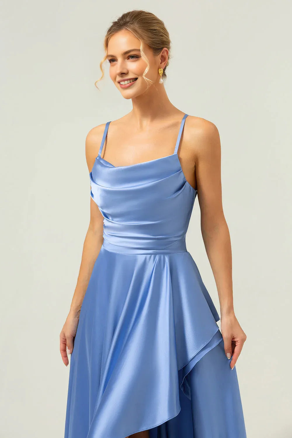 Graceful A-Line Cowl Neck Sleeveless Satin Ruffle Wedding Guest Dress High-Slit Evening Gown