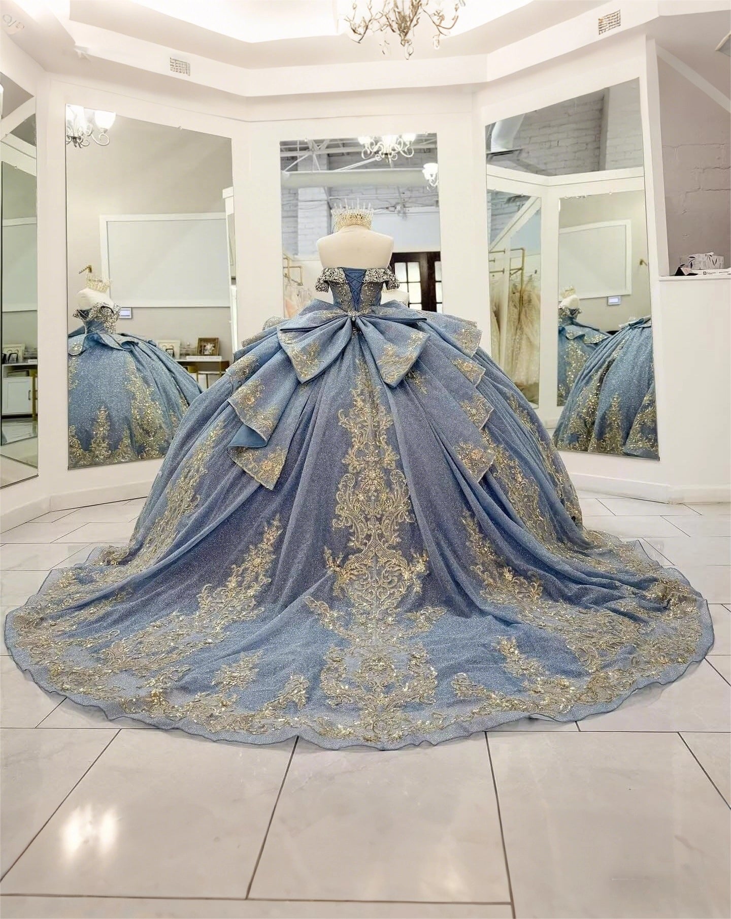Vedress dusty blue quinceanera dress off-shoulder lace-up corset back multi-layer satin bow gold lace appliqué court train ballgown back view