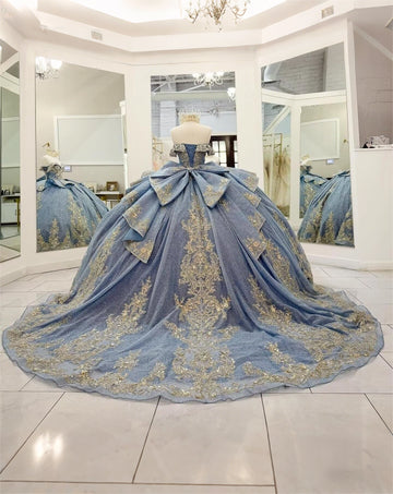 Vedress dusty blue quinceanera dress off-shoulder lace-up corset back multi-layer satin bow gold lace appliqué court train ballgown back view
