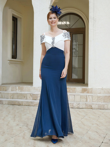 Navy Blue & White Off-the-Shoulder Mermaid Gown with Floral Embroidery – Formal Evening Dress