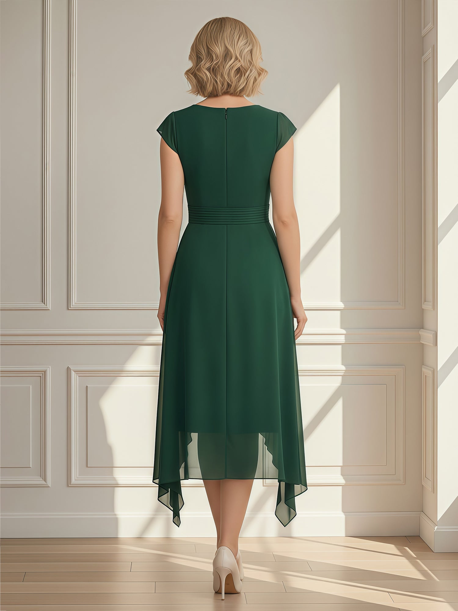 Elegant Emerald Green Chiffon Midi Dress - V-Neck High-Low Party Dress with Waist Tie