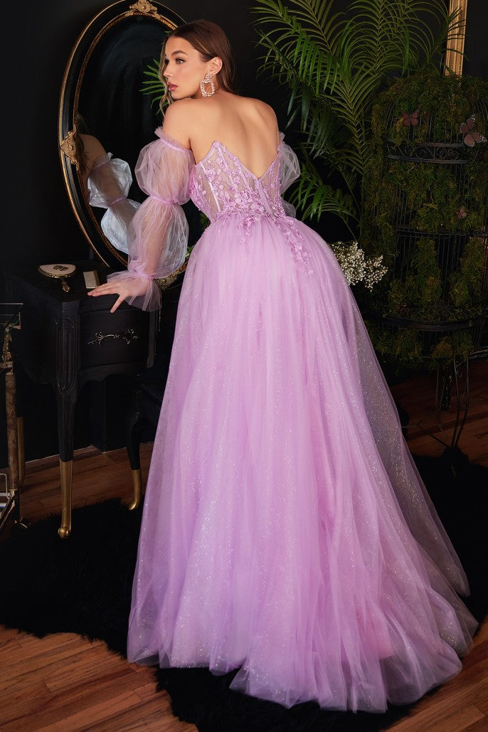 Vestido de noche de tul brillante corte A, hombros descubiertos, mangas abullonadas, bordado con abalorios, abertura alta para baile de graduación y como invitada de boda