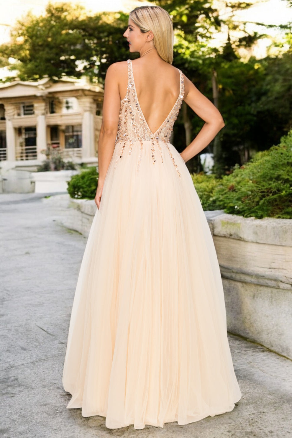 Luxury Champagne Beaded Tulle A-Line Gown V-Neck Beaded Bodice Formal Evening & Wedding Reception Dress