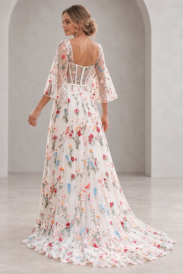 Vedress floral A-line prom dress with a low square back, sheer embroidered bodice, visible boning, central zipper and train, back view
