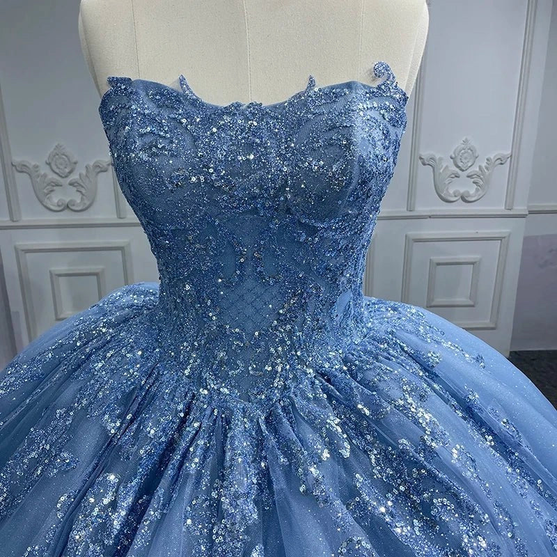 Blue Strapless Sequin Lace Up Back Quinceañera Dress