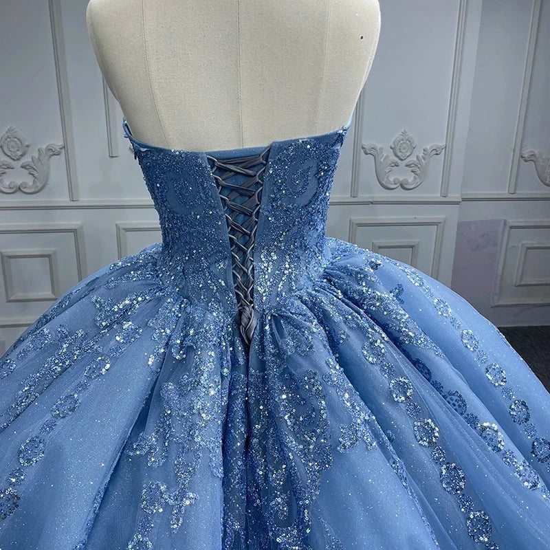 Blue Strapless Sequin Lace Up Back Quinceañera Dress