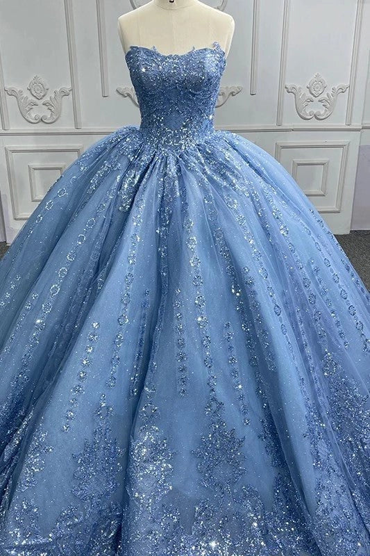 Blue Strapless Sequin Lace Up Back Quinceañera Dress