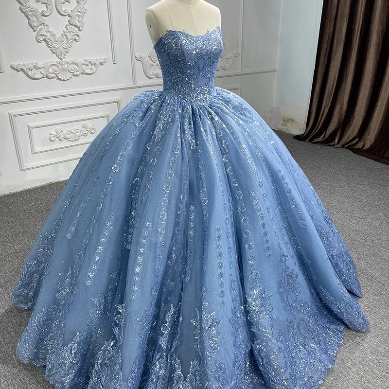 Blue Strapless Sequin Lace Up Back Quinceañera Dress