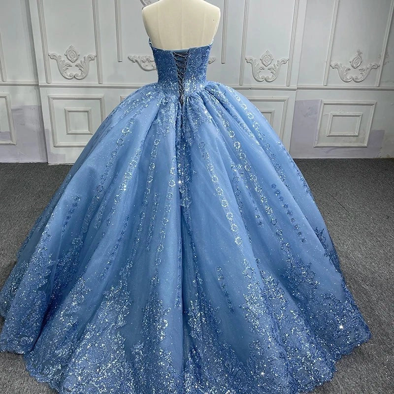 Blue Strapless Sequin Lace Up Back Quinceañera Dress