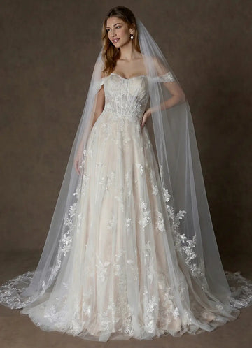 Romantic Sheer Tulle Floral Lace Cathedral Length Bridal Wedding Veil