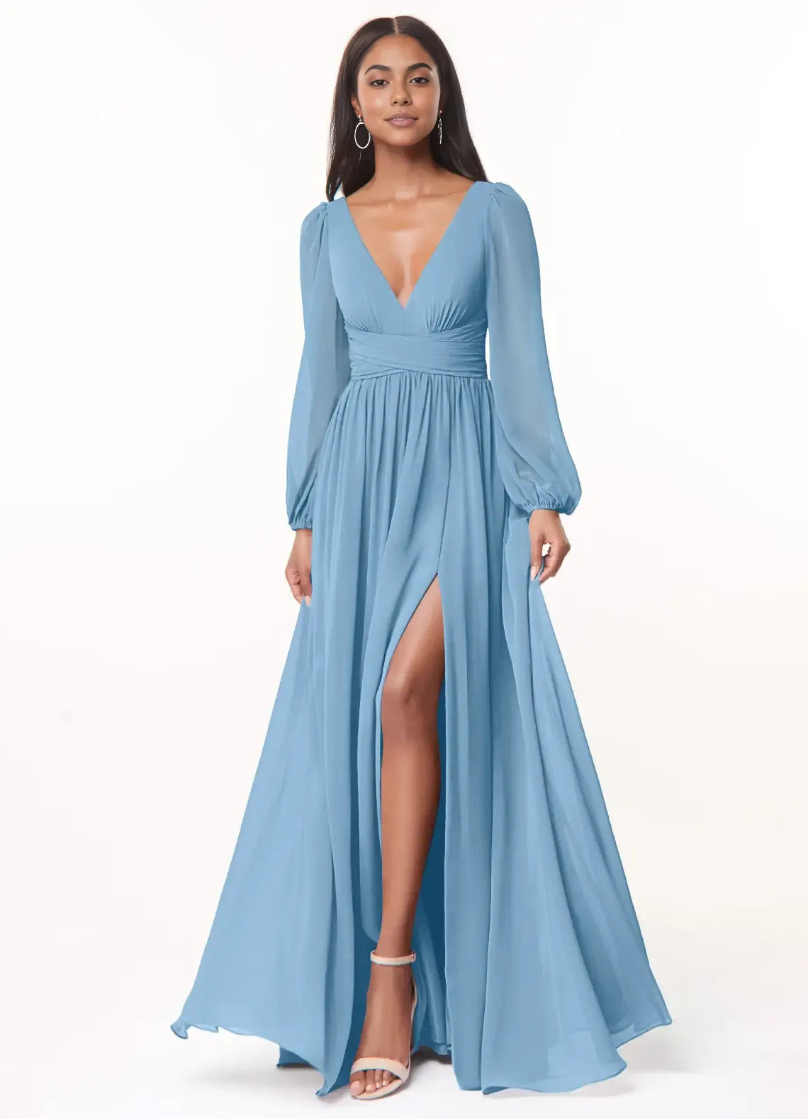 A-Line/Princess Chiffon Plunging Neck Long Sleeves Bridesmaid Dresses Wedding Guest Dresses With Slit