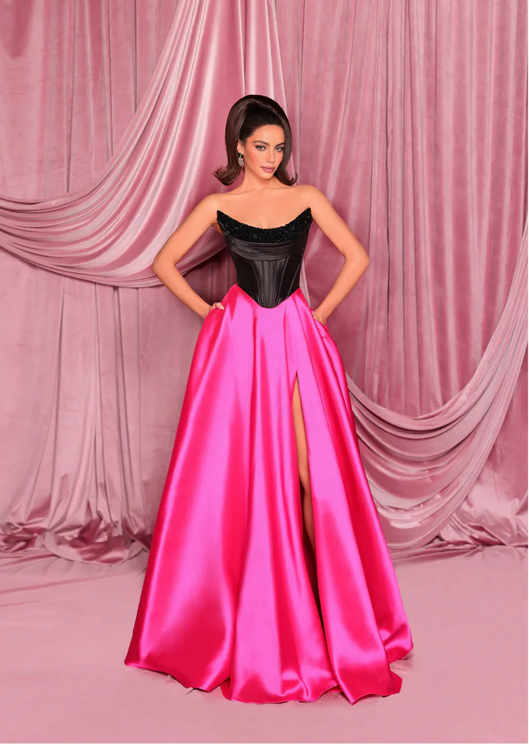 strapless two-tone satin prom dress with sweetheart neckline, beaded trim, corset bodice, A-line skirt, and high slit