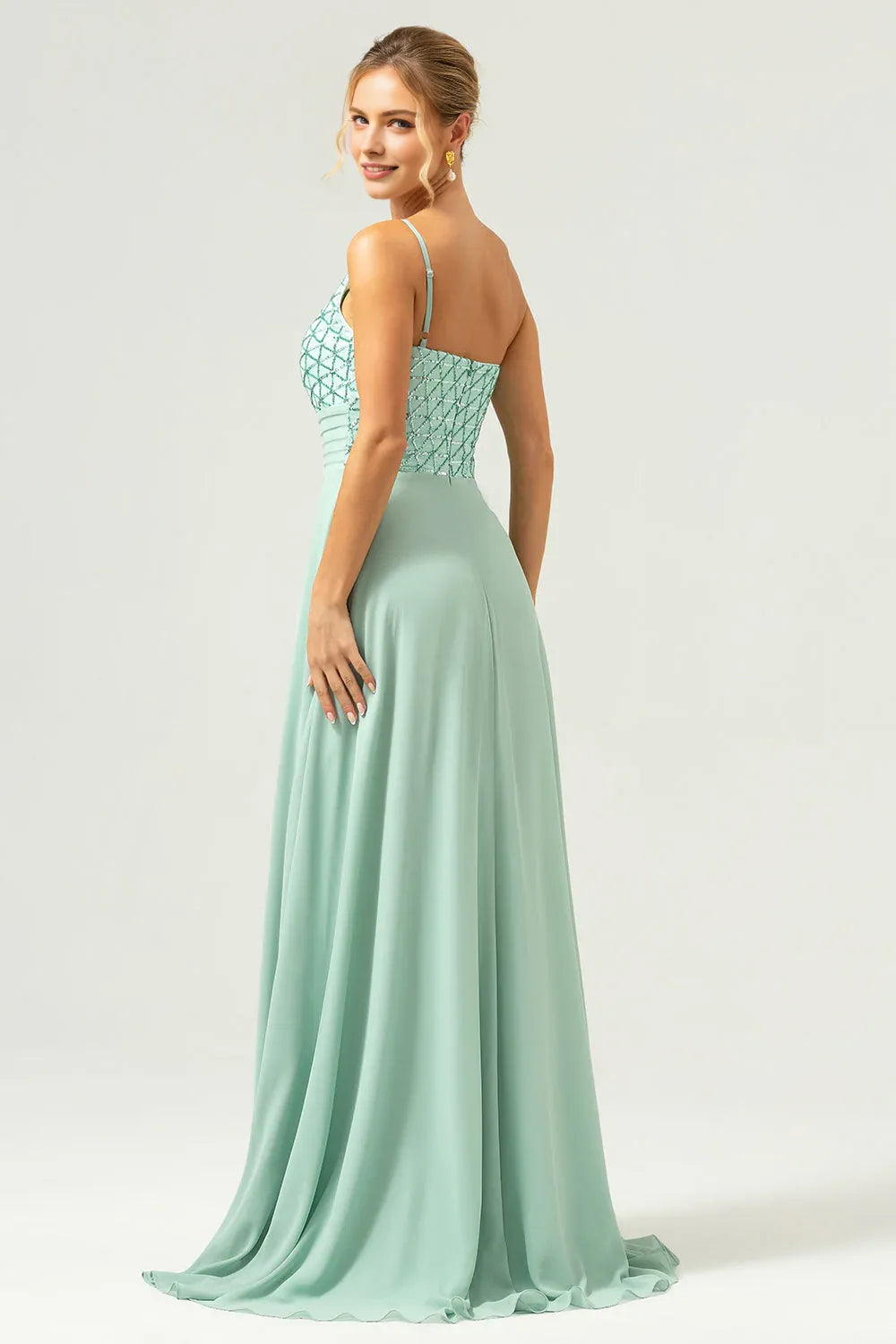 Radiant A-Line One-Shoulder Sleeveless Chiffon Beaded Bodice Pleated Waist Formal Evening Dress