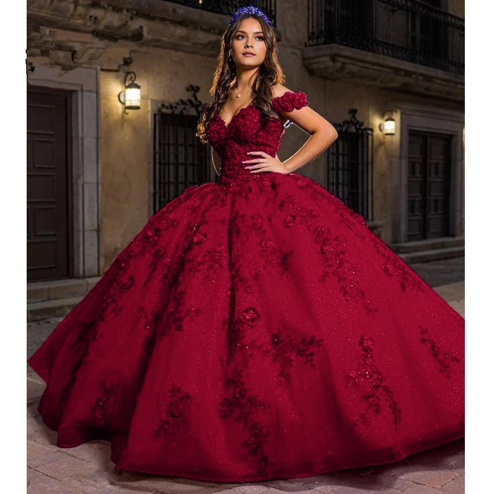 Ballgown Off-shoulder V-neck Short Sleeve Lace-up Back Floor Length Quinceañera Dress