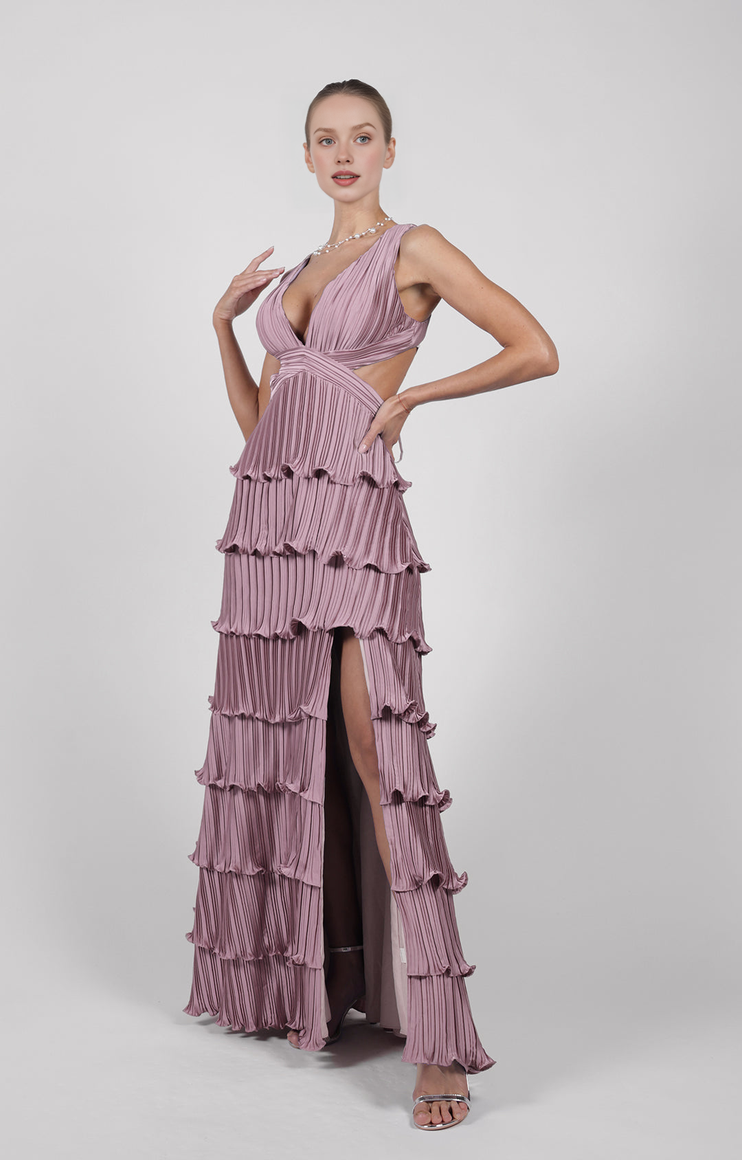 Glamorous Tiered A-Line Deep V-Neck Sleeveless Open Back Floor-Length Evening Gown