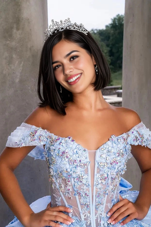 Floral Ball Gown Sweetheart Off Shoulder Corset Bow Train Quinceañera Dress