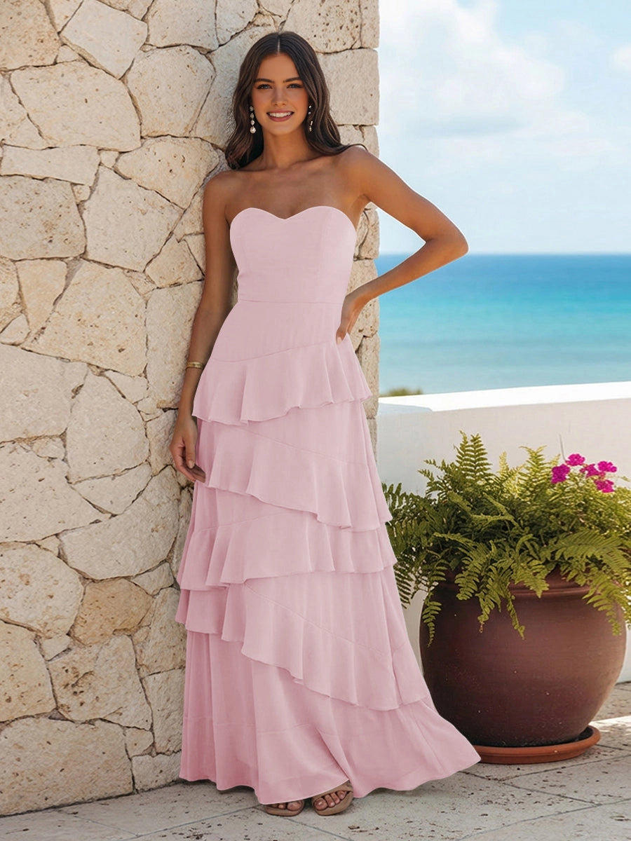 Flowy A‑Line Strapless Sweetheart Zip‑Back Tiered Chiffon Long Bridesmaid Dress